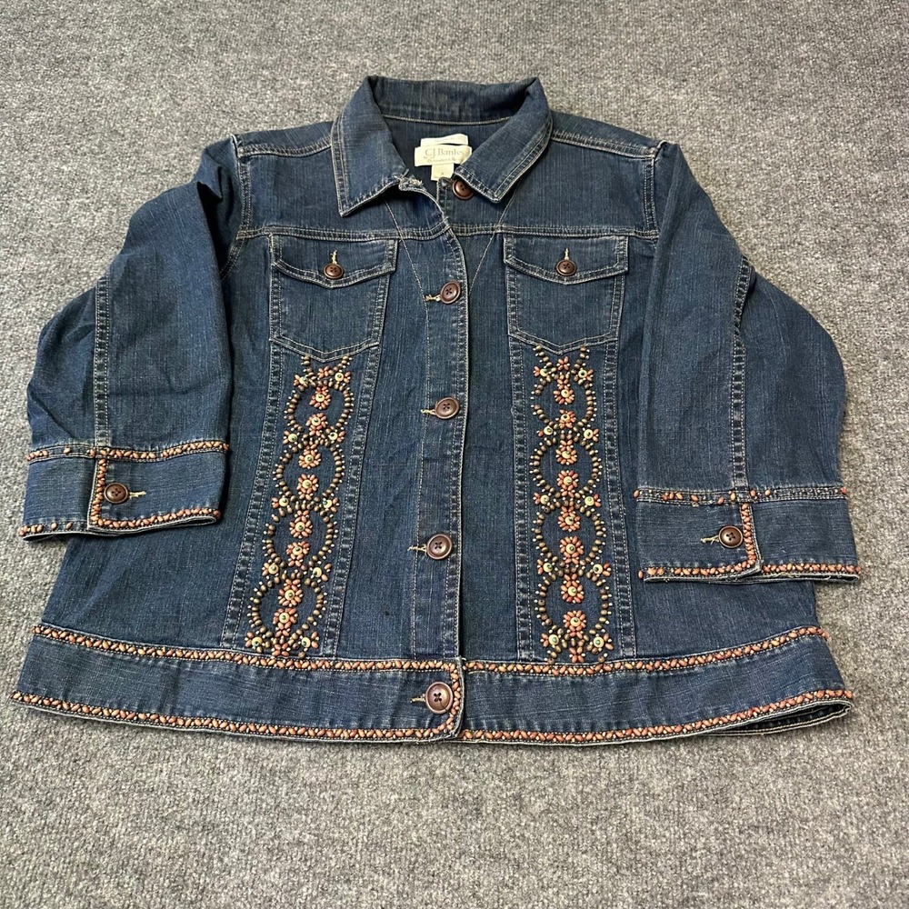 CJ Banks Denim Jacket Womens Size 1X Blue Beaded Floral Stretch 3/4 Sleeve Boho